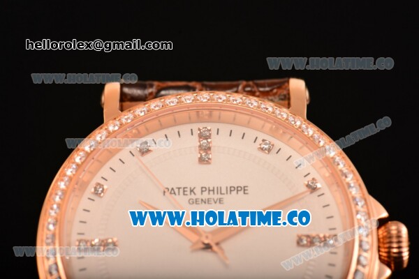 Patek Philippe Calatrava Miyota Quartz Rose Gold Case with White Dial and Diamonds Markers - Diamonds Bezel - Click Image to Close
